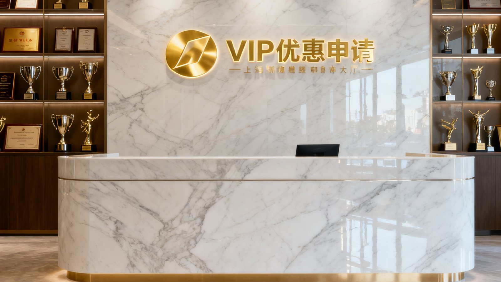 VIP优惠申请大厅上海陆家嘴总部前台接待区，大理石墙面镶嵌金色品牌标识，接待台后方陈列着历年获得的行业荣誉奖杯