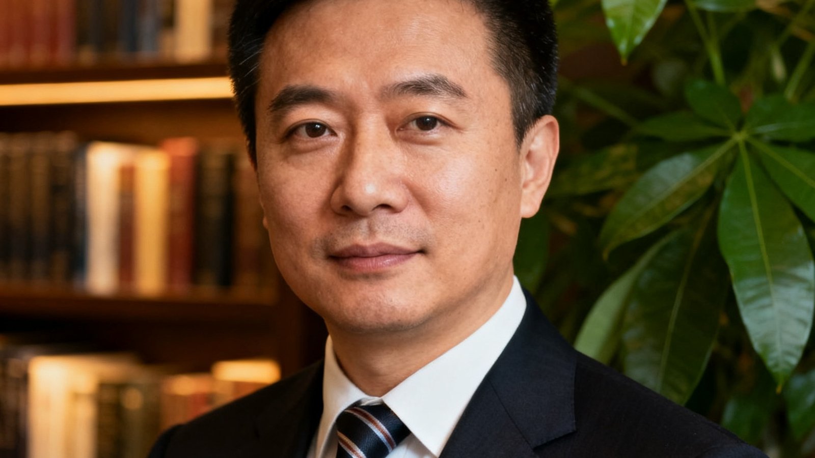 李明远创始人肖像照，身穿深色西装搭配条纹领带，背景为书架和绿植，神情专注而自信
