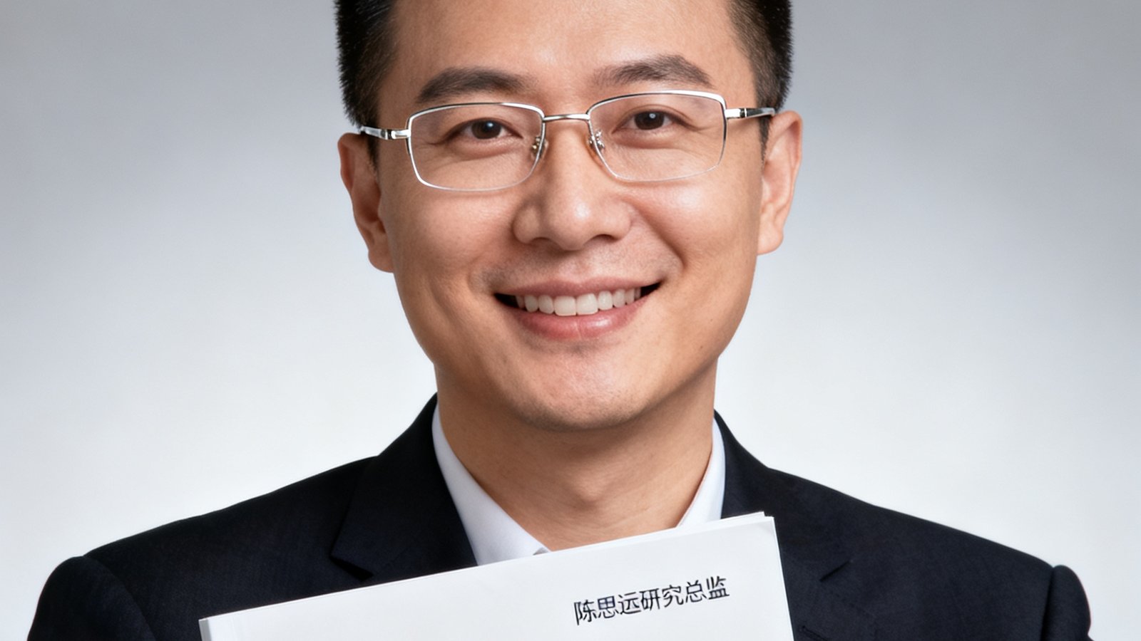 陈思远研究总监肖像照，戴着一副银色细框眼镜，手持一份全球资产趋势白皮书报告，面带微笑